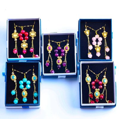Set Kalung dan Earring Batu permata buatan tangan Perunggu dilapis emas