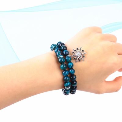 Handmade Elastis Bulat Kuning Biru Mata Harimau Batu Perhiasan Stretch Gelang