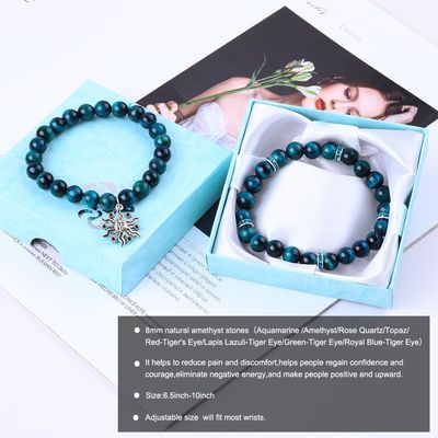 Handmade Elastis Bulat Kuning Biru Mata Harimau Batu Perhiasan Stretch Gelang