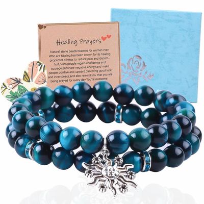 Handmade Elastis Bulat Kuning Biru Mata Harimau Batu Perhiasan Stretch Gelang