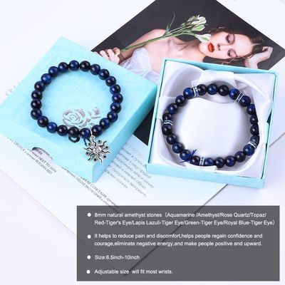 Elastis Bulat Biru Gelap 8mm Mata Harimau Batu permata Gelang Energi Penyembuhan Pesona Perhiasan
