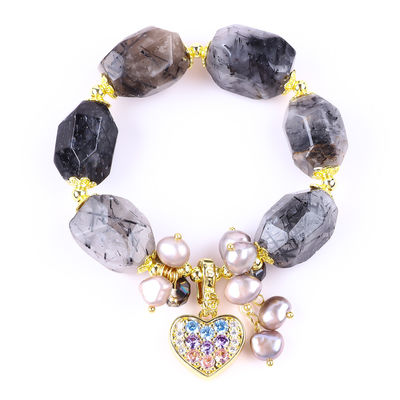 Perhiasan Batu permata buatan tangan Charm Adjustable Hitam Rutilat Kuarsa Perhiasan Batu Alam Mutiara Untuk Pakai Sehari-hari