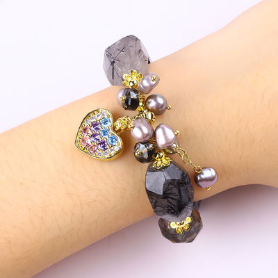Perhiasan Batu permata buatan tangan Charm Adjustable Hitam Rutilat Kuarsa Perhiasan Batu Alam Mutiara Untuk Pakai Sehari-hari