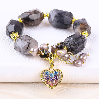 Perhiasan Batu permata buatan tangan Charm Adjustable Hitam Rutilat Kuarsa Perhiasan Batu Alam Mutiara Untuk Pakai Sehari-hari