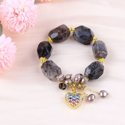 Perhiasan Batu permata buatan tangan Charm Adjustable Hitam Rutilat Kuarsa Perhiasan Batu Alam Mutiara Untuk Pakai Sehari-hari