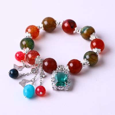 Handmade Round Bead Crystal Gemstone Elastic Bracelet dengan Charms Deluxe