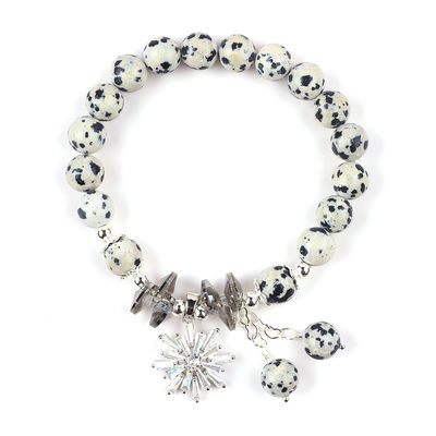 Custom Gemstone 8mm Round Dalamation Jasper With Snowflake Charm Bead Bracelet Untuk Memberikan Hadiah