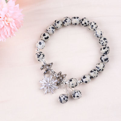 Custom Gemstone 8mm Round Dalamation Jasper With Snowflake Charm Bead Bracelet Untuk Memberikan Hadiah