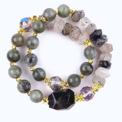 Handmade Labradorite Multifaced Dan Bulat Lantai Ganda Stretch Bead Gelang Untuk Memberikan Hadiah