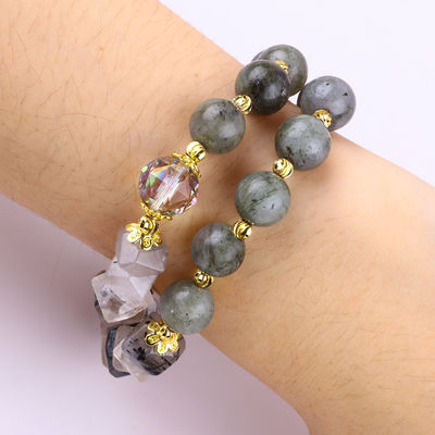 Handmade Labradorite Multifaced Dan Bulat Lantai Ganda Stretch Bead Gelang Untuk Memberikan Hadiah
