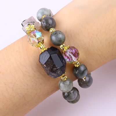 Handmade Labradorite Multifaced Dan Bulat Lantai Ganda Stretch Bead Gelang Untuk Memberikan Hadiah