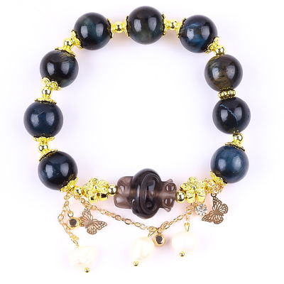 Tangan Batu permata ber manik Gelang Tinta alami Blue Tiger's Eye Adjustable Peal Charm Gelang Untuk pesta Pakai harian
