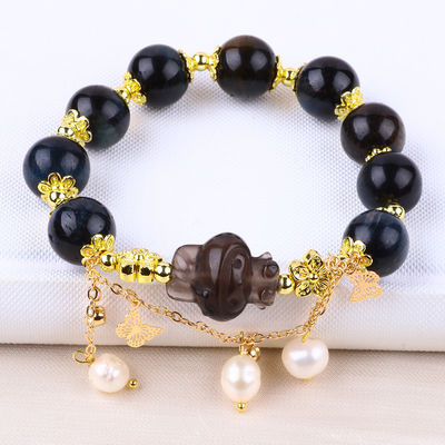 Tangan Batu permata ber manik Gelang Tinta alami Blue Tiger's Eye Adjustable Peal Charm Gelang Untuk pesta Pakai harian