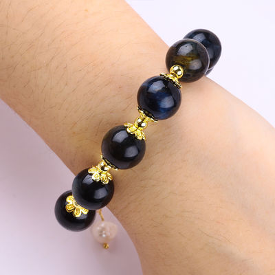 Tangan Batu permata ber manik Gelang Tinta alami Blue Tiger's Eye Adjustable Peal Charm Gelang Untuk pesta Pakai harian