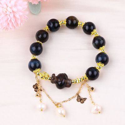Tangan Batu permata ber manik Gelang Tinta alami Blue Tiger's Eye Adjustable Peal Charm Gelang Untuk pesta Pakai harian