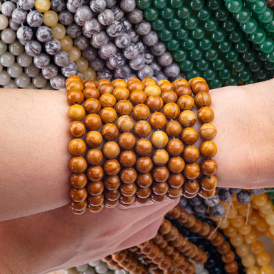 Kuning Kayu-Benih bulat manik kristal alami Batu permata Kayu Jasper Lolos manik untaian untuk membuat perhiasan DIY