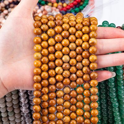 Kuning Kayu-Benih bulat manik kristal alami Batu permata Kayu Jasper Lolos manik untaian untuk membuat perhiasan DIY