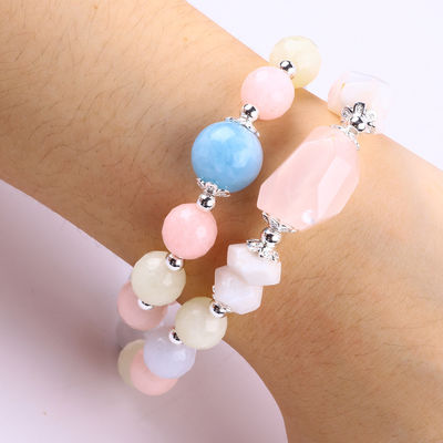 Morganite Handmade DIY Double Layer Natural Crystal Multifacted Round Bead Bracelet Untuk Hadiah