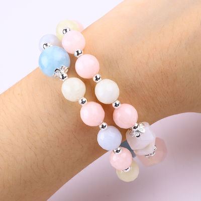 Morganite Handmade DIY Double Layer Natural Crystal Multifacted Round Bead Bracelet Untuk Hadiah