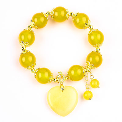 14MM Energi Alam Kalsedon Kuning Dengan Hati Jade Kuning Ukiran Lucky Crystal Bead Bracelet