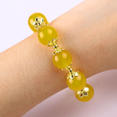 14MM Energi Alam Kalsedon Kuning Dengan Hati Jade Kuning Ukiran Lucky Crystal Bead Bracelet