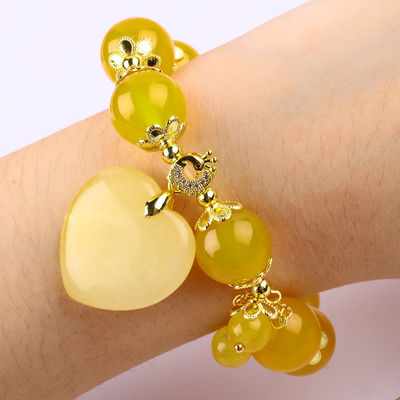 14MM Energi Alam Kalsedon Kuning Dengan Hati Jade Kuning Ukiran Lucky Crystal Bead Bracelet