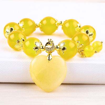 14MM Energi Alam Kalsedon Kuning Dengan Hati Jade Kuning Ukiran Lucky Crystal Bead Bracelet