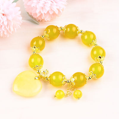 14MM Energi Alam Kalsedon Kuning Dengan Hati Jade Kuning Ukiran Lucky Crystal Bead Bracelet