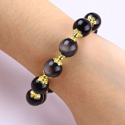 Batu Asli 12MM Perak Obsidian Bintang Bulat Dengan Moon Charm Crystal Bead Bracelet