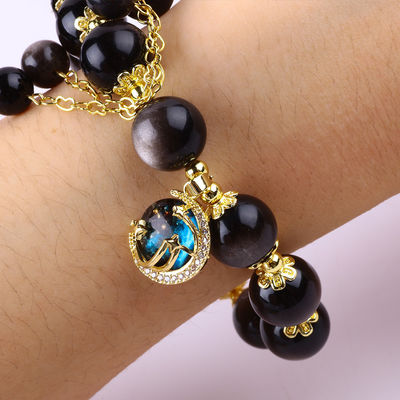 Batu Asli 12MM Perak Obsidian Bintang Bulat Dengan Moon Charm Crystal Bead Bracelet