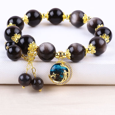 Batu Asli 12MM Perak Obsidian Bintang Bulat Dengan Moon Charm Crystal Bead Bracelet