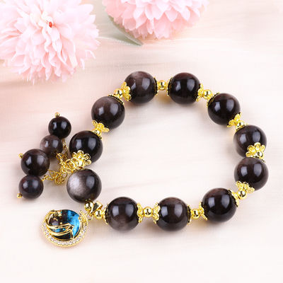 Batu Asli 12MM Perak Obsidian Bintang Bulat Dengan Moon Charm Crystal Bead Bracelet
