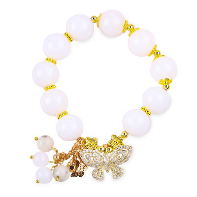 Natural White Agate 14MM Crystal Single Circle Hand String Butterfly Charm Bracelet Untuk Hadiah