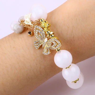 Natural White Agate 14MM Crystal Single Circle Hand String Butterfly Charm Bracelet Untuk Hadiah