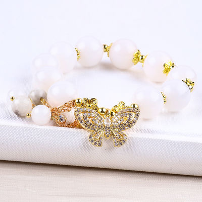 Natural White Agate 14MM Crystal Single Circle Hand String Butterfly Charm Bracelet Untuk Hadiah