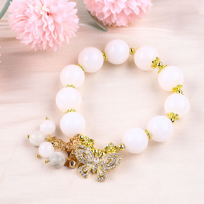 Natural White Agate 14MM Crystal Single Circle Hand String Butterfly Charm Bracelet Untuk Hadiah