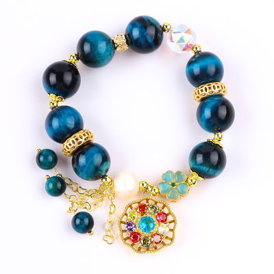 14MM Energy Healing Crystal Blue Tiger Eye Flower Spinner Charm Bead Bracelet Untuk Pakai Sehari-hari