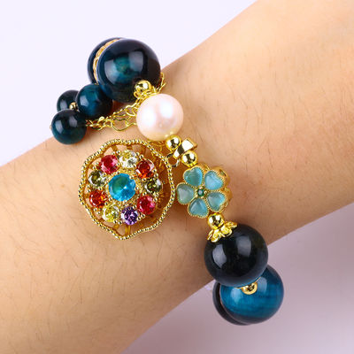 14MM Energy Healing Crystal Blue Tiger Eye Flower Spinner Charm Bead Bracelet Untuk Pakai Sehari-hari
