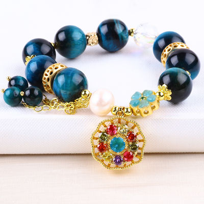 14MM Energy Healing Crystal Blue Tiger Eye Flower Spinner Charm Bead Bracelet Untuk Pakai Sehari-hari