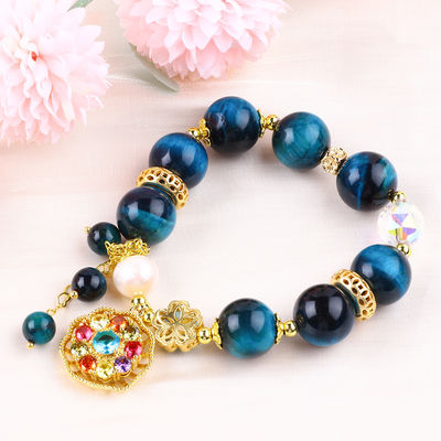 14MM Energy Healing Crystal Blue Tiger Eye Flower Spinner Charm Bead Bracelet Untuk Pakai Sehari-hari