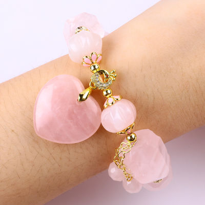 14MM Multi Faced Rose Quartz Stone Crystal Bracelet Hati Ukiran