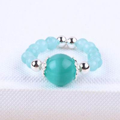 4mm Handmade Gemstone Beaded Ring Adjustable Elastic Green Cat's Eye Stone Ring Untuk Pesta Pakai Setiap Hari