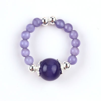 4mm Handmade Gemstone Beaded Ring Adjustable Elastic Purple Cat's Eye Stone Ring Untuk Pesta Pakai Setiap Hari