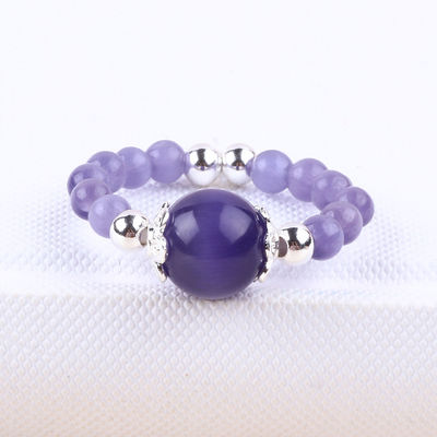 4mm Handmade Gemstone Beaded Ring Adjustable Elastic Purple Cat's Eye Stone Ring Untuk Pesta Pakai Setiap Hari