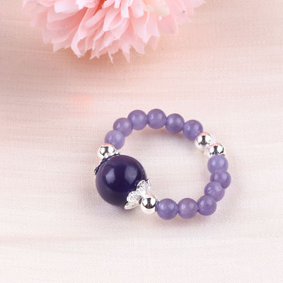 4mm Handmade Gemstone Beaded Ring Adjustable Elastic Purple Cat's Eye Stone Ring Untuk Pesta Pakai Setiap Hari