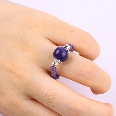 4mm Handmade Gemstone Beaded Ring Adjustable Elastic Purple Cat's Eye Stone Ring Untuk Pesta Pakai Setiap Hari