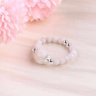 4mm Handmade Batu permata Pered Ring Adjustable Elastic White Agate Stone Ring Untuk pesta pemakaian sehari-hari