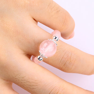4mm Handmade Gemstone Beaded Ring Adjustable Elastic Rose Quartz Stone Ring Untuk Pesta Pakai Sehari-hari