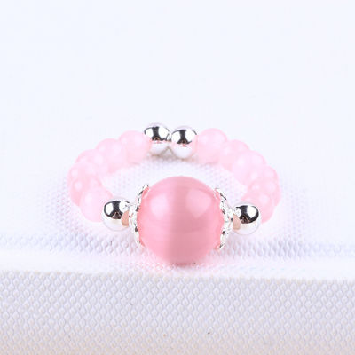 4mm Handmade Gemstone Beaded Ring Adjustable Elastic Pink Cat's Eye Stone Ring Untuk Pesta Pakai Setiap Hari