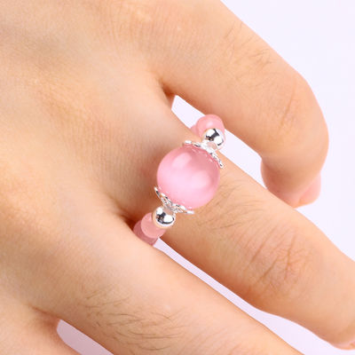 4mm Handmade Gemstone Beaded Ring Adjustable Elastic Pink Cat's Eye Stone Ring Untuk Pesta Pakai Setiap Hari